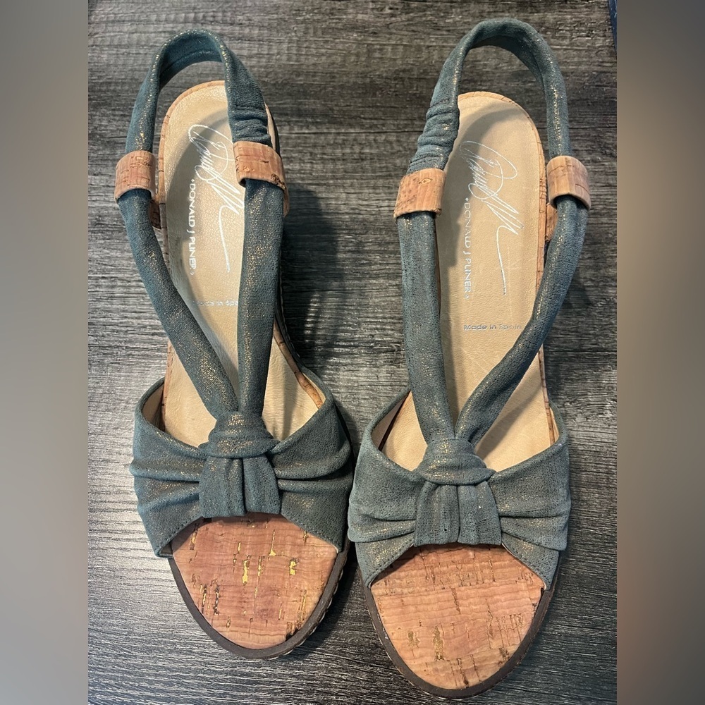 Donald J. Pliner Teal and Cork Wedge Sandals